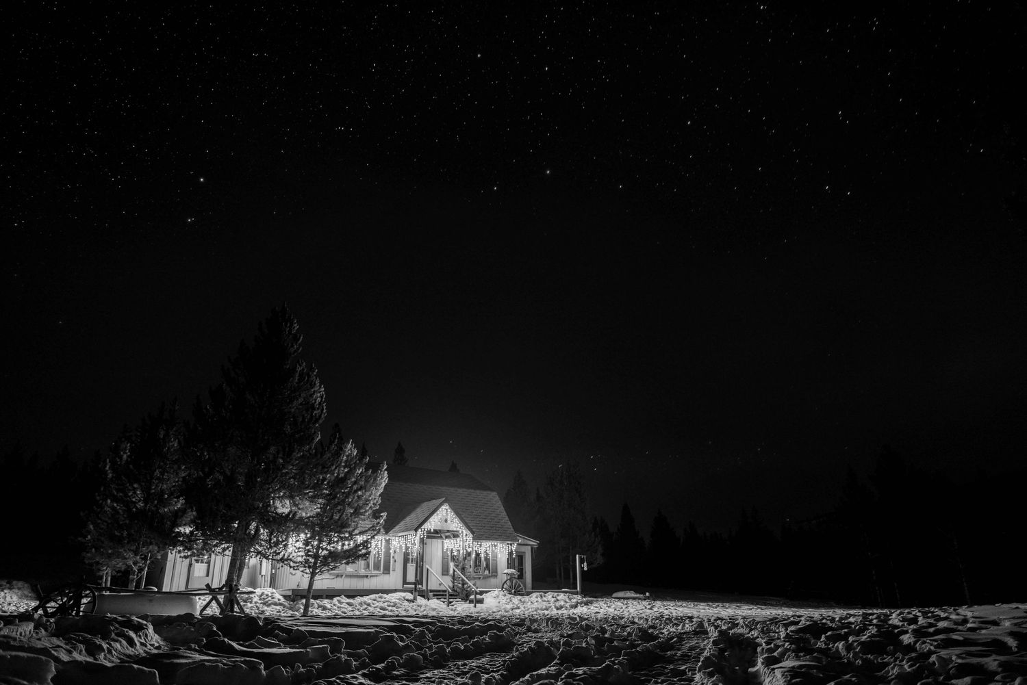 Black and white photo of a lit rural cabin surrounded by trees under a star-filled night sky.