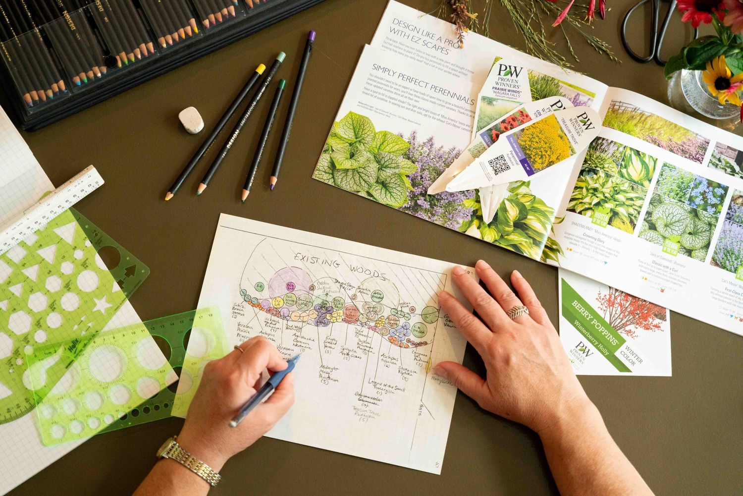 Landscape designer sketching a garden plan with colored pencils and plant catalogs on a desk.