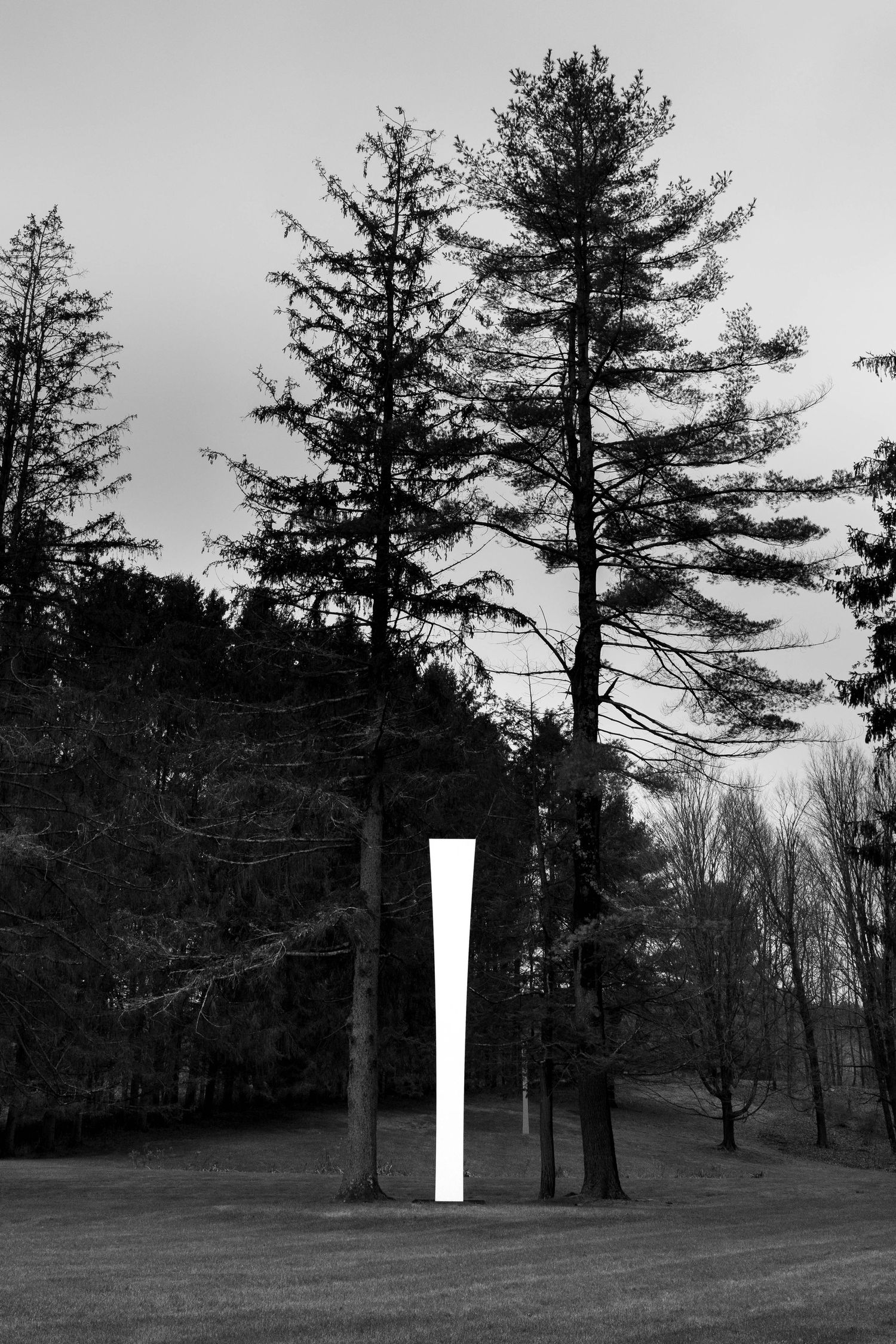 Tall narrow white vertical sculpture standing among bare trees in an outdoor park, black and white.