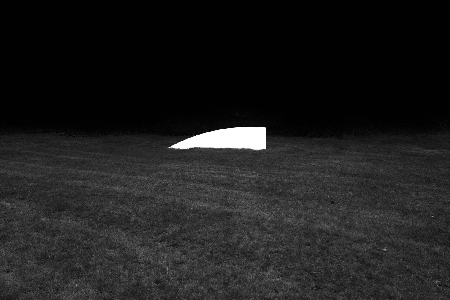 Minimalist black and white photo of a small white shape glowing on a dark grassy field at night.