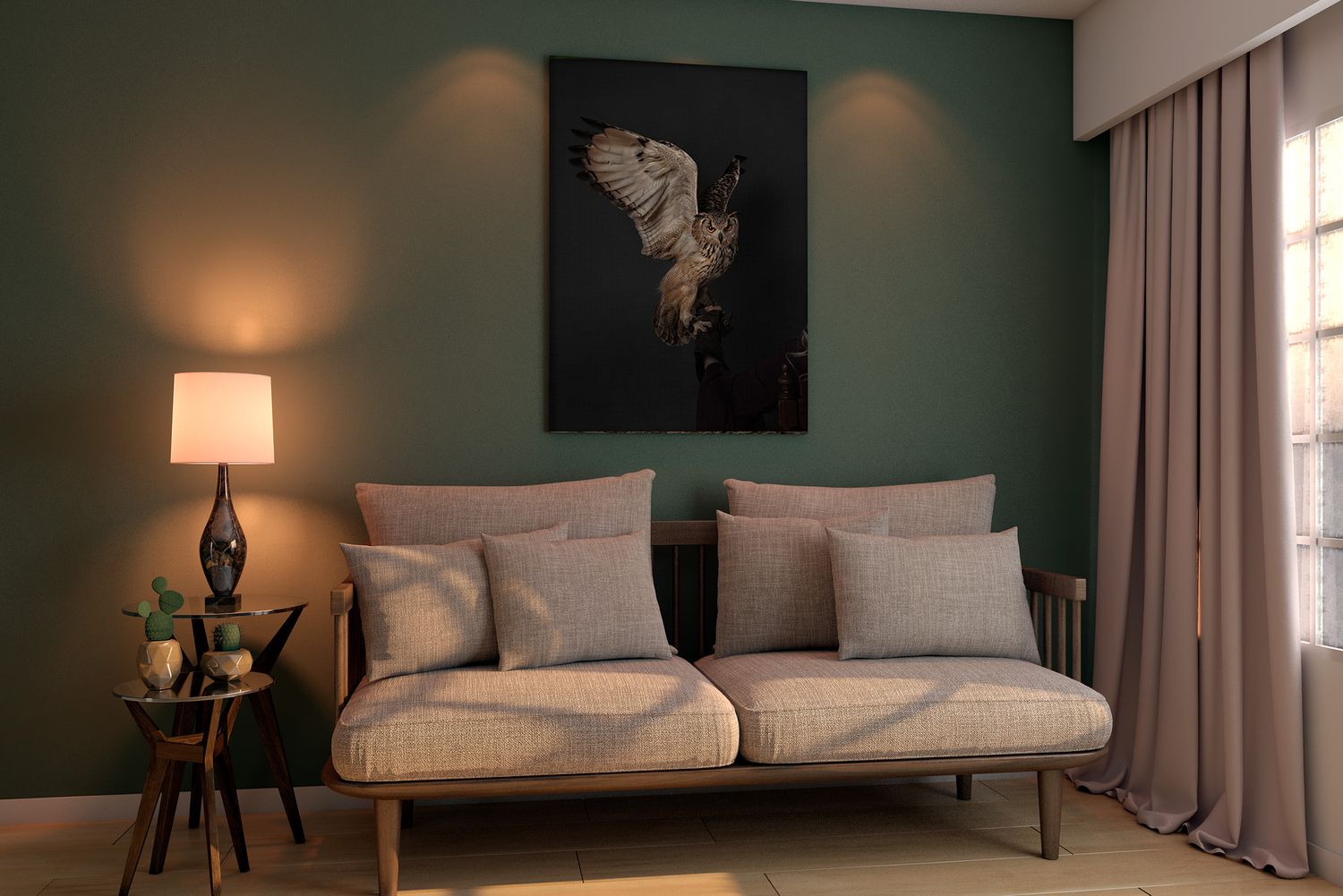 Cozy living room with green walls, a beige sofa, floor lamp, and a bird artwork above the couch.