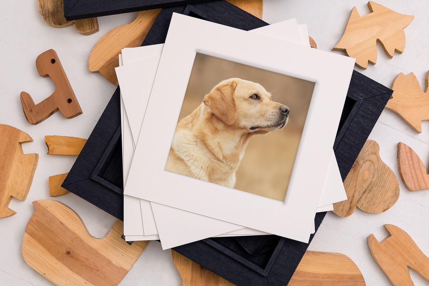 Framed portrait photo of a golden Labrador dog displayed on dark frames surrounded by wooden puzzle pieces.