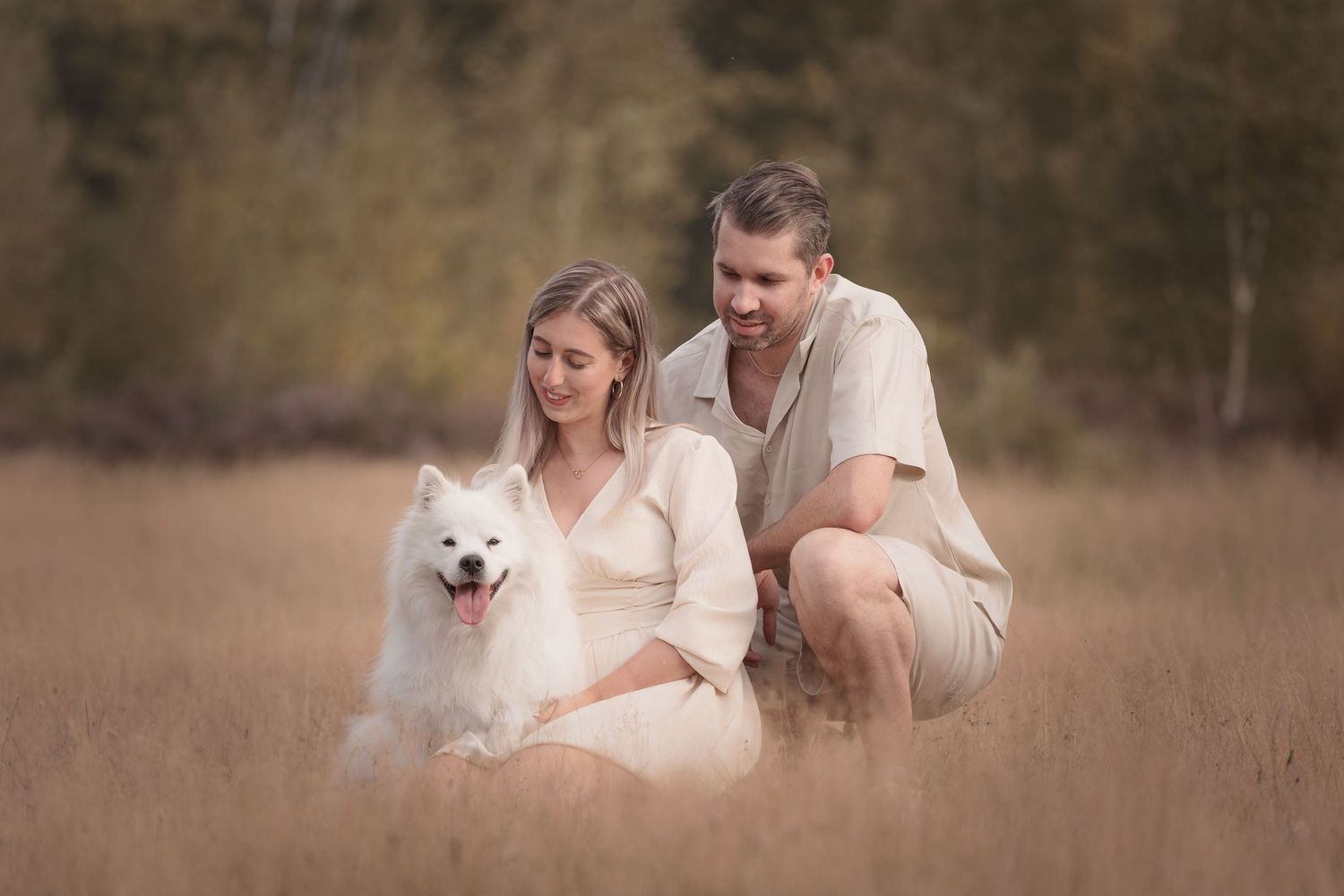 A couple in white outfits sits with a fluffy white Samoyed dog in a golden field.