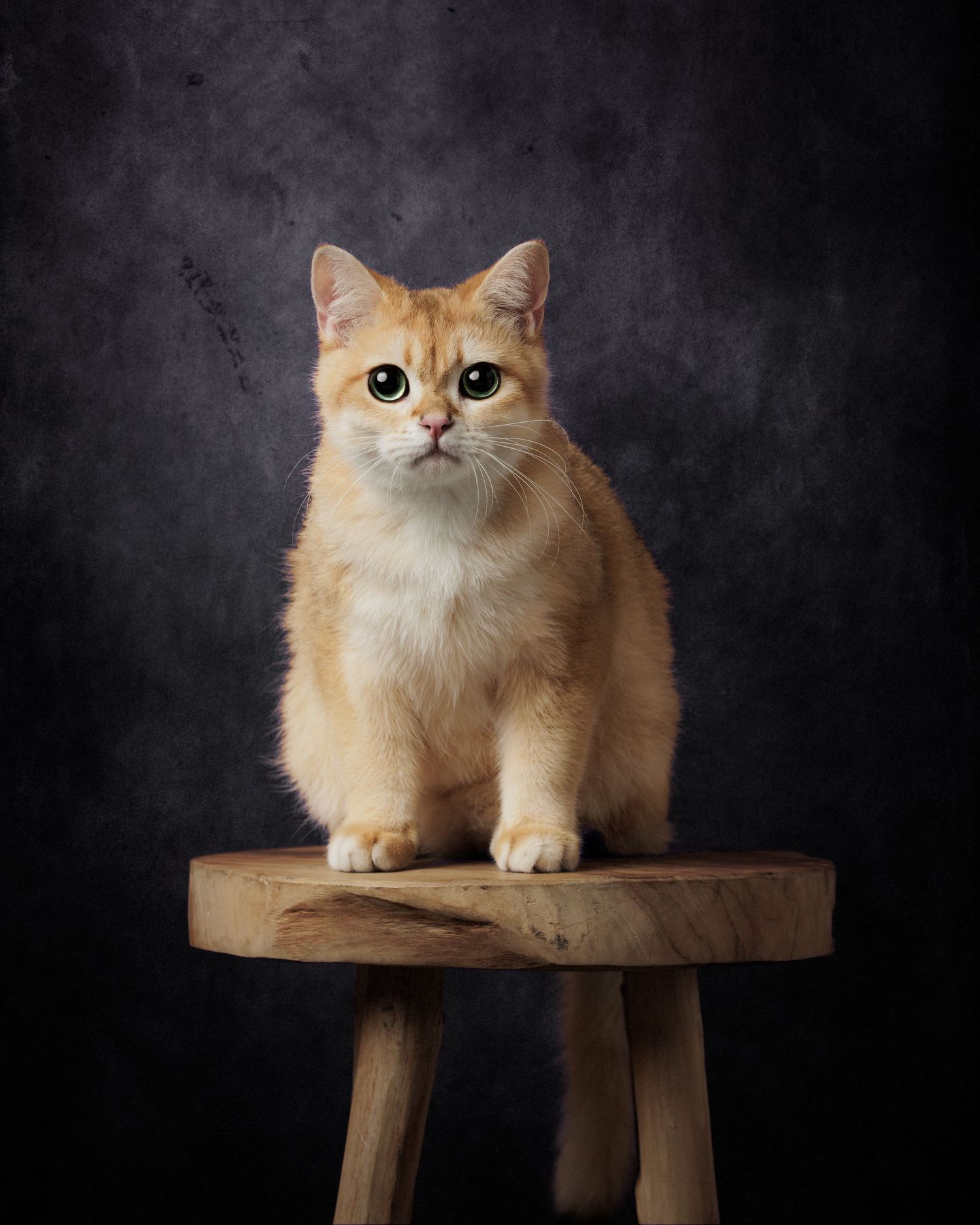 An orange tabby cat sits regally on a rustic wooden stool against a dark studio background.