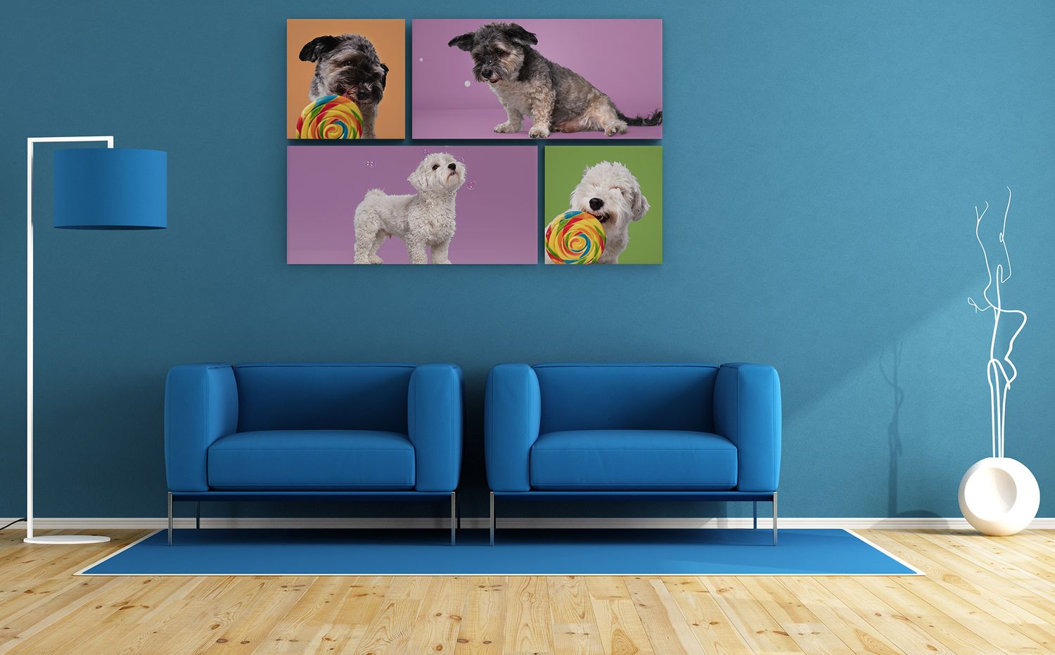 A blue living room with two blue sofas and a colorful pop art dog canvas print displayed on the wall above.