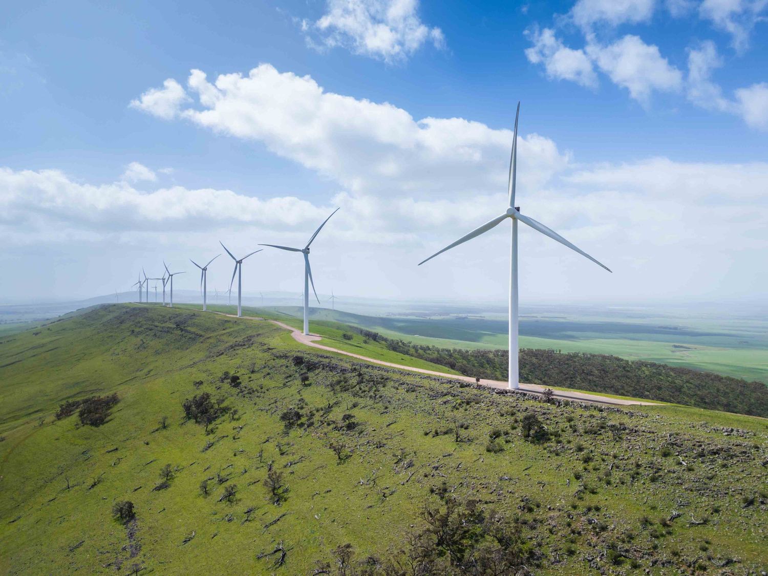 Drone picture of wind turbine on a hill in South Australia