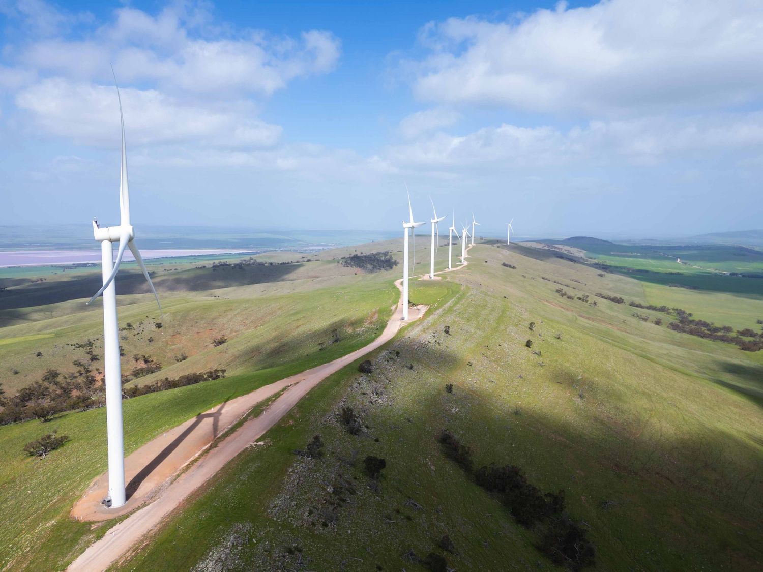 Drone picture of wind turbine on a hill in South Australia
