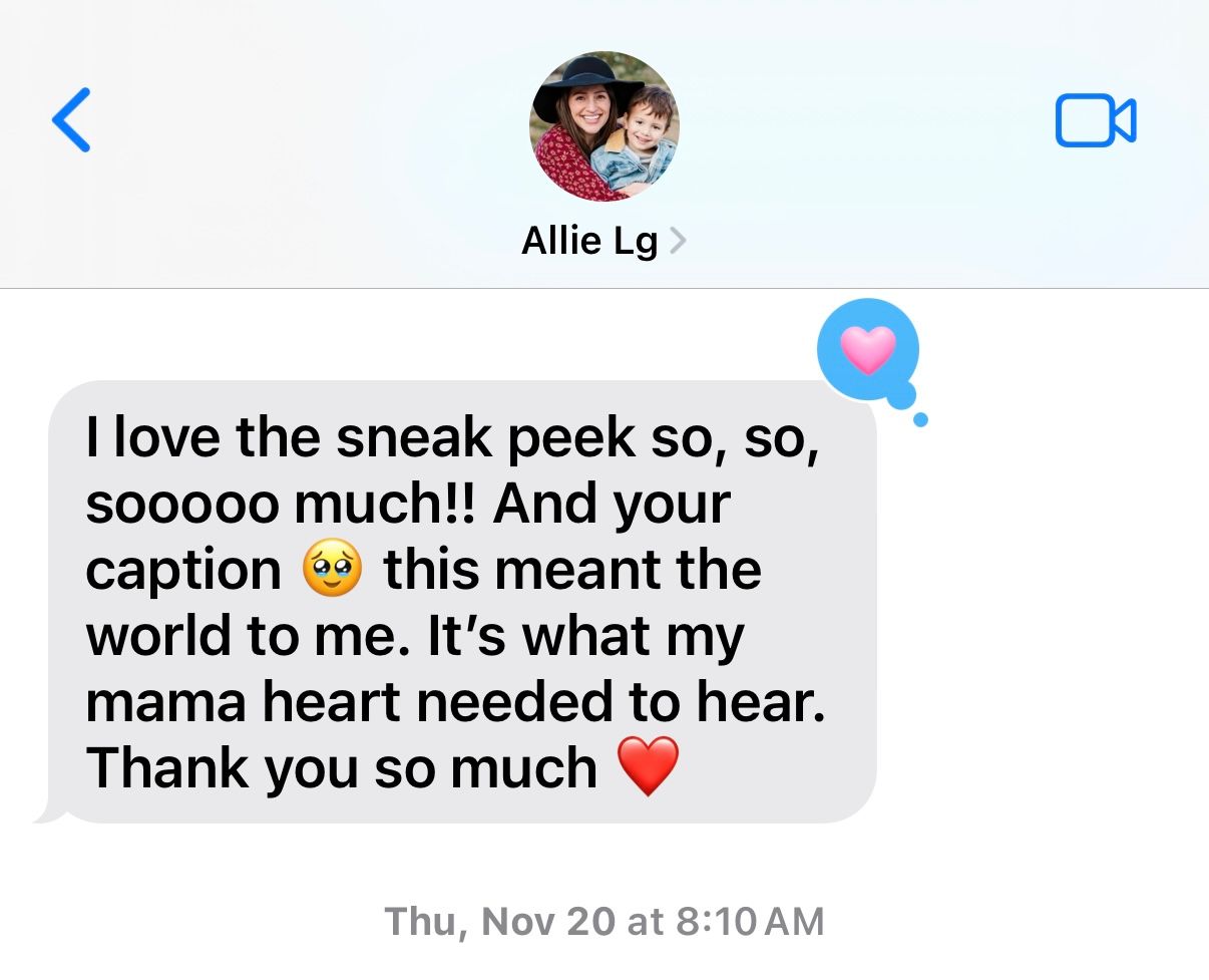 Screenshot of text message conversation showing multiple chat bubbles with heart emojis and positive messages.