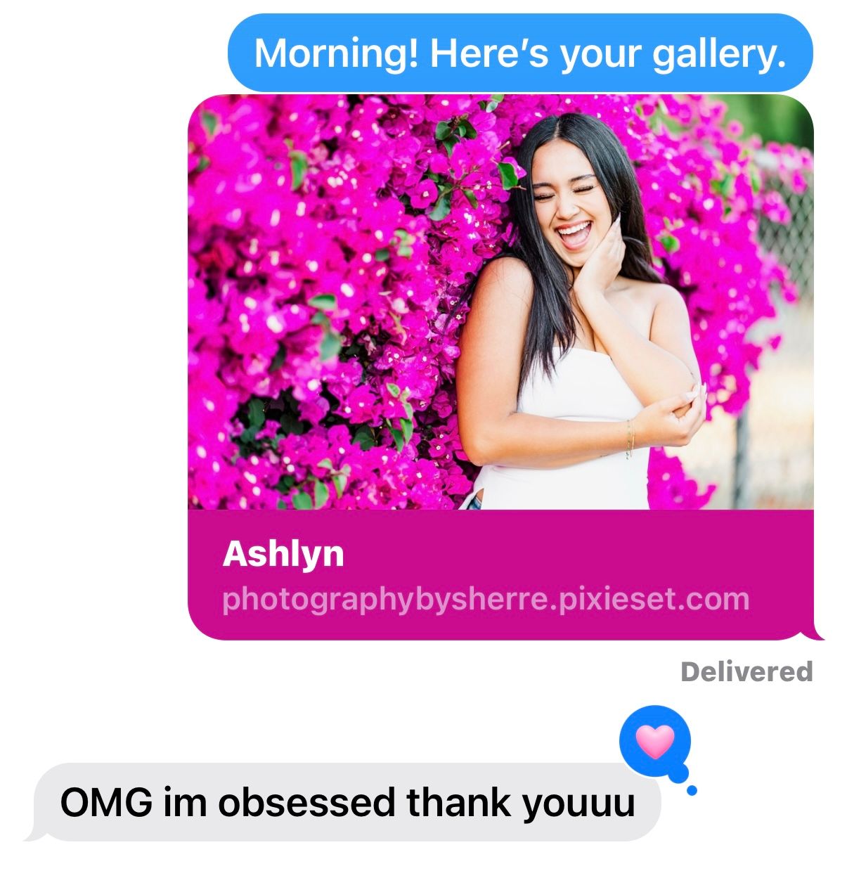 Professional photographer replies to client message showing pink bougainvillea floral portraits in image gallery preview.