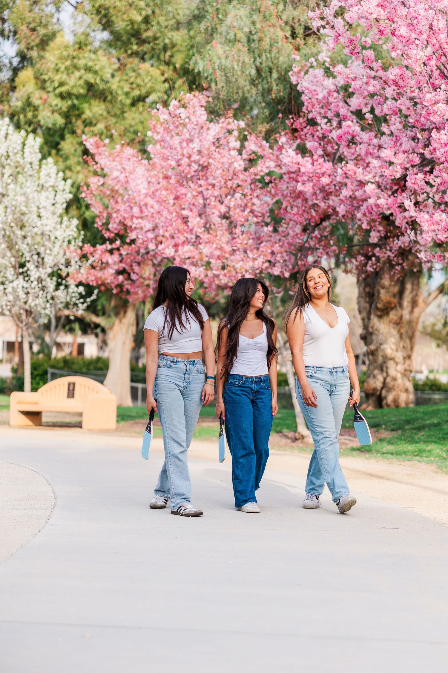 Three friends walk together on a path under blooming pink cherry blossom trees in a spring garden setting.