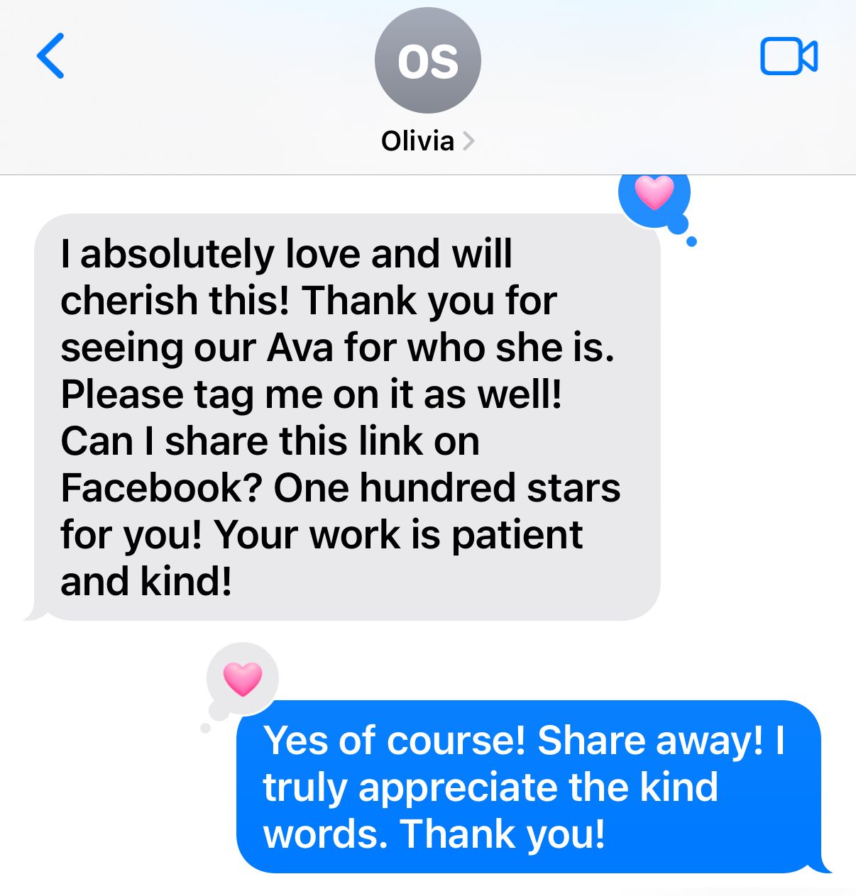 Screenshot of a text message exchange showing appreciation and request to share content on Facebook.