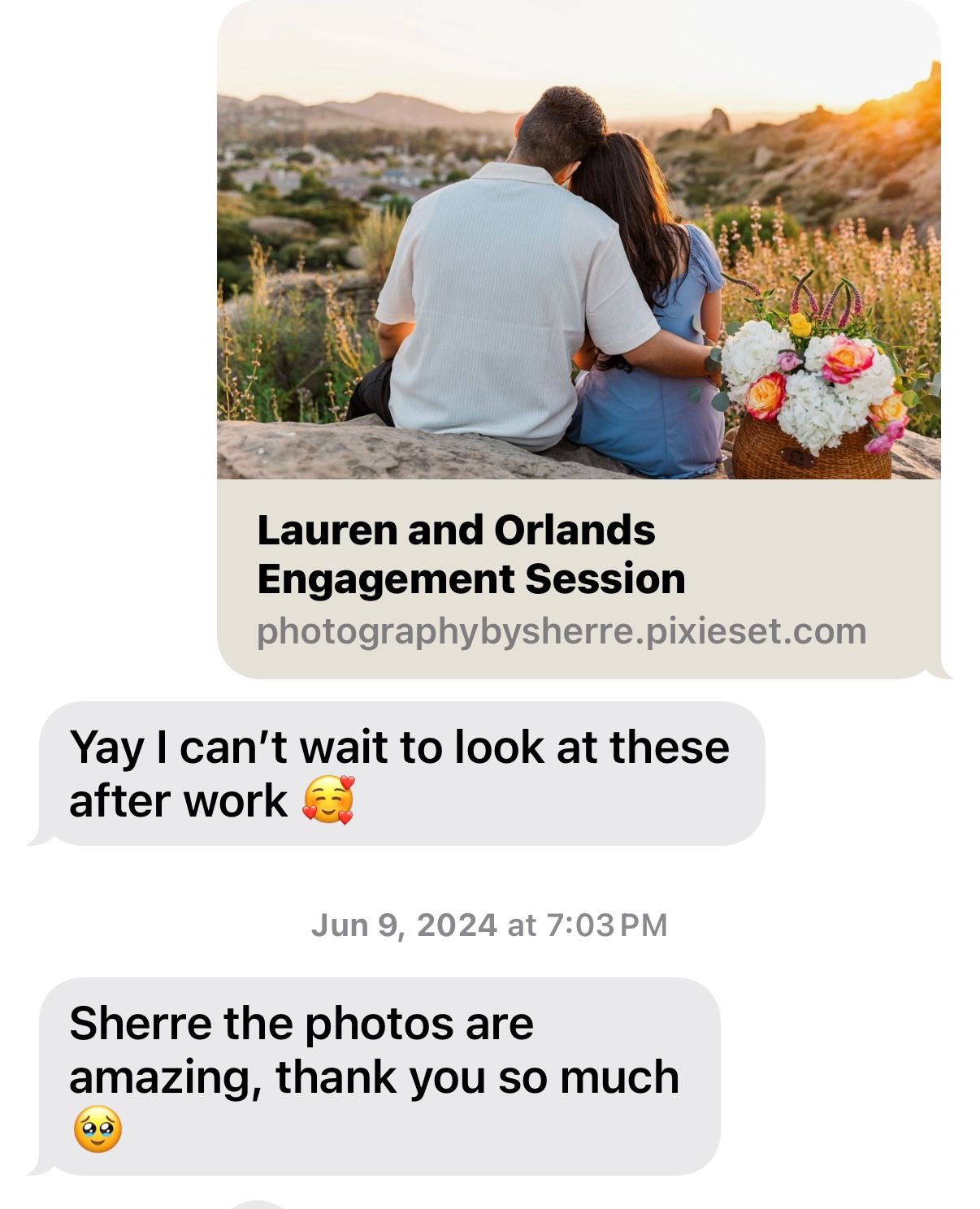 Engagement photo chat conversation showing excitement about viewing photos after work.
