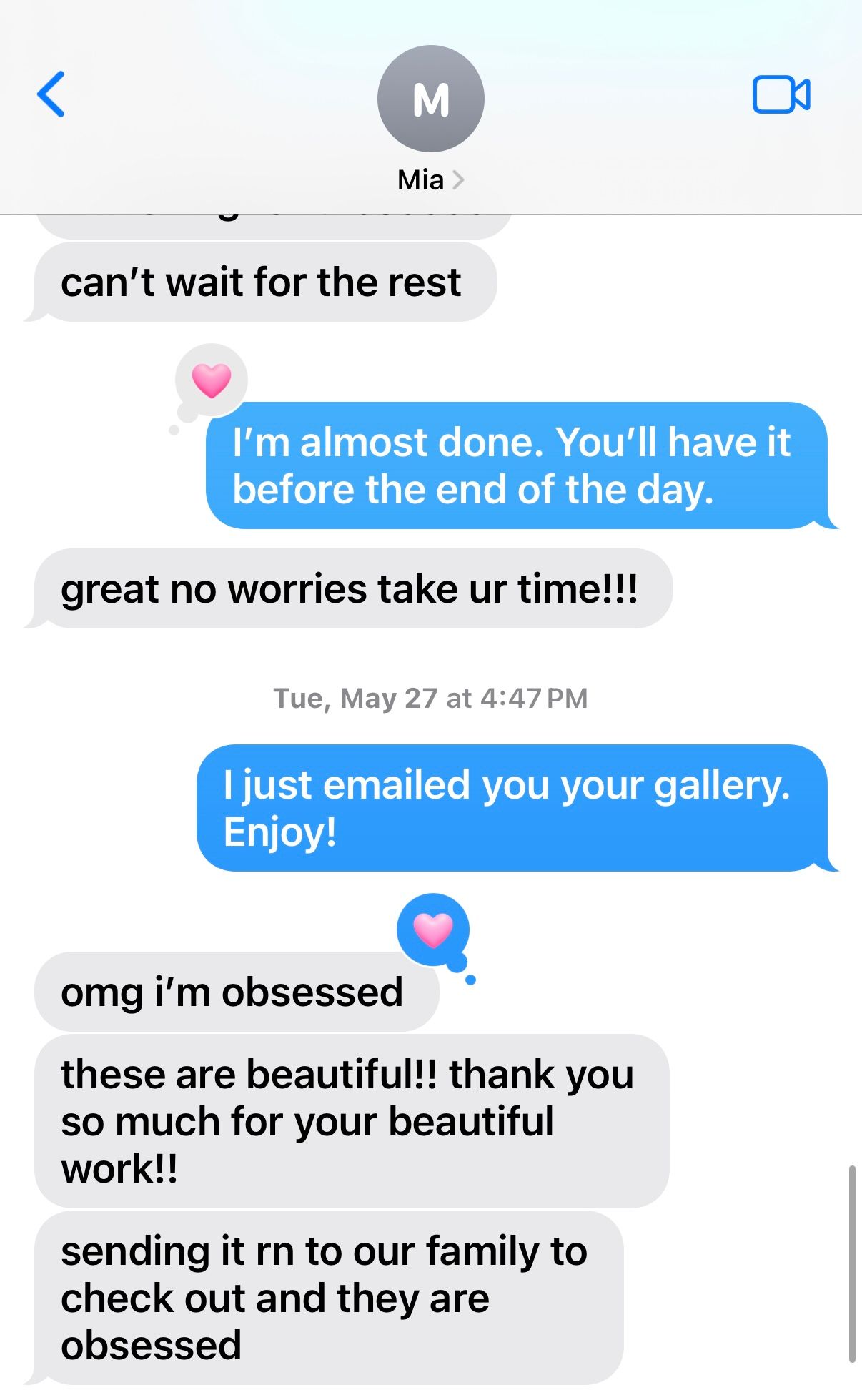 Screenshot of text messages showing positive feedback and excitement about a photo gallery being shared with family.