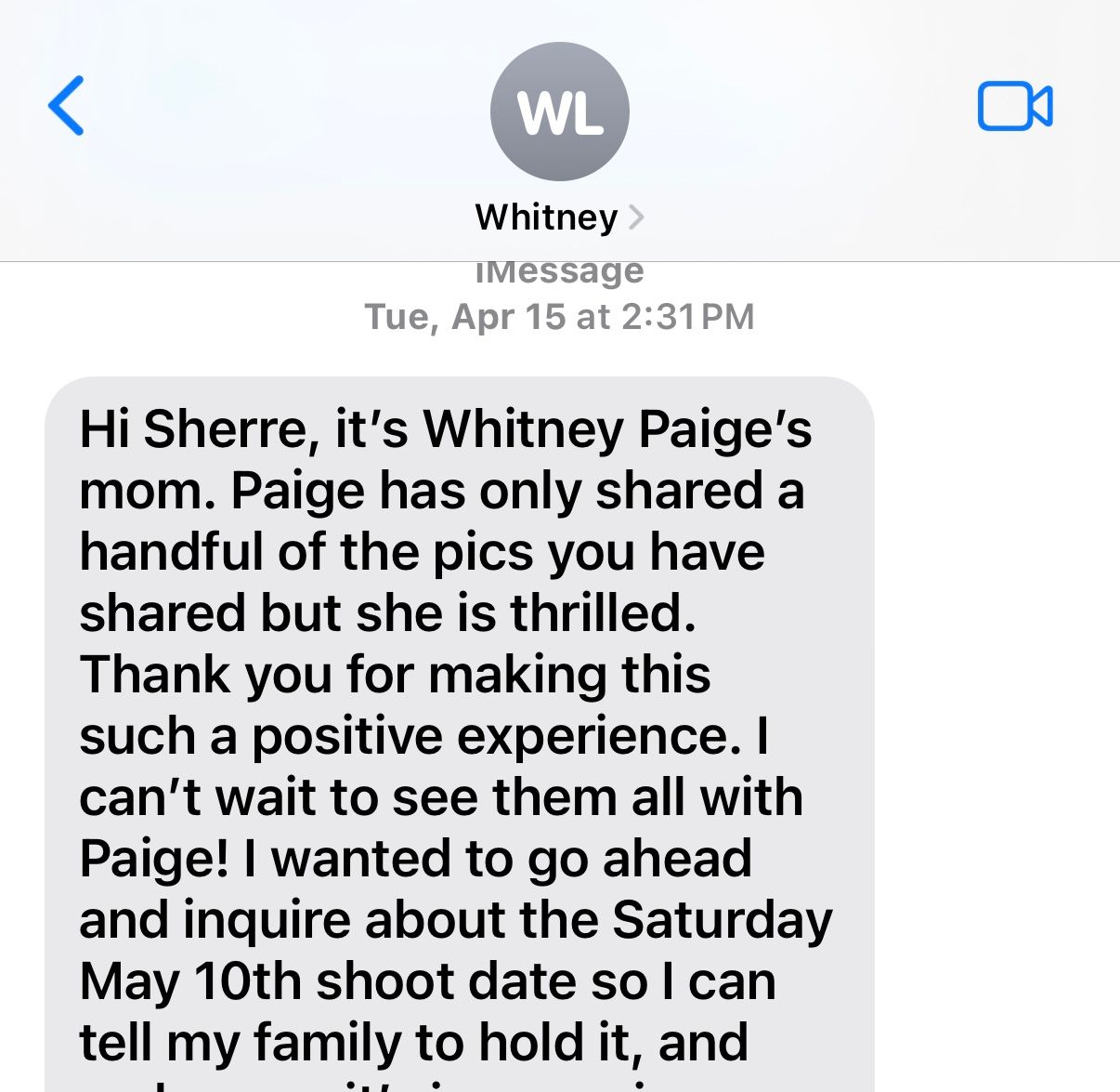 Text message conversation screenshot with messages exchanged about a photo shoot and scheduling.