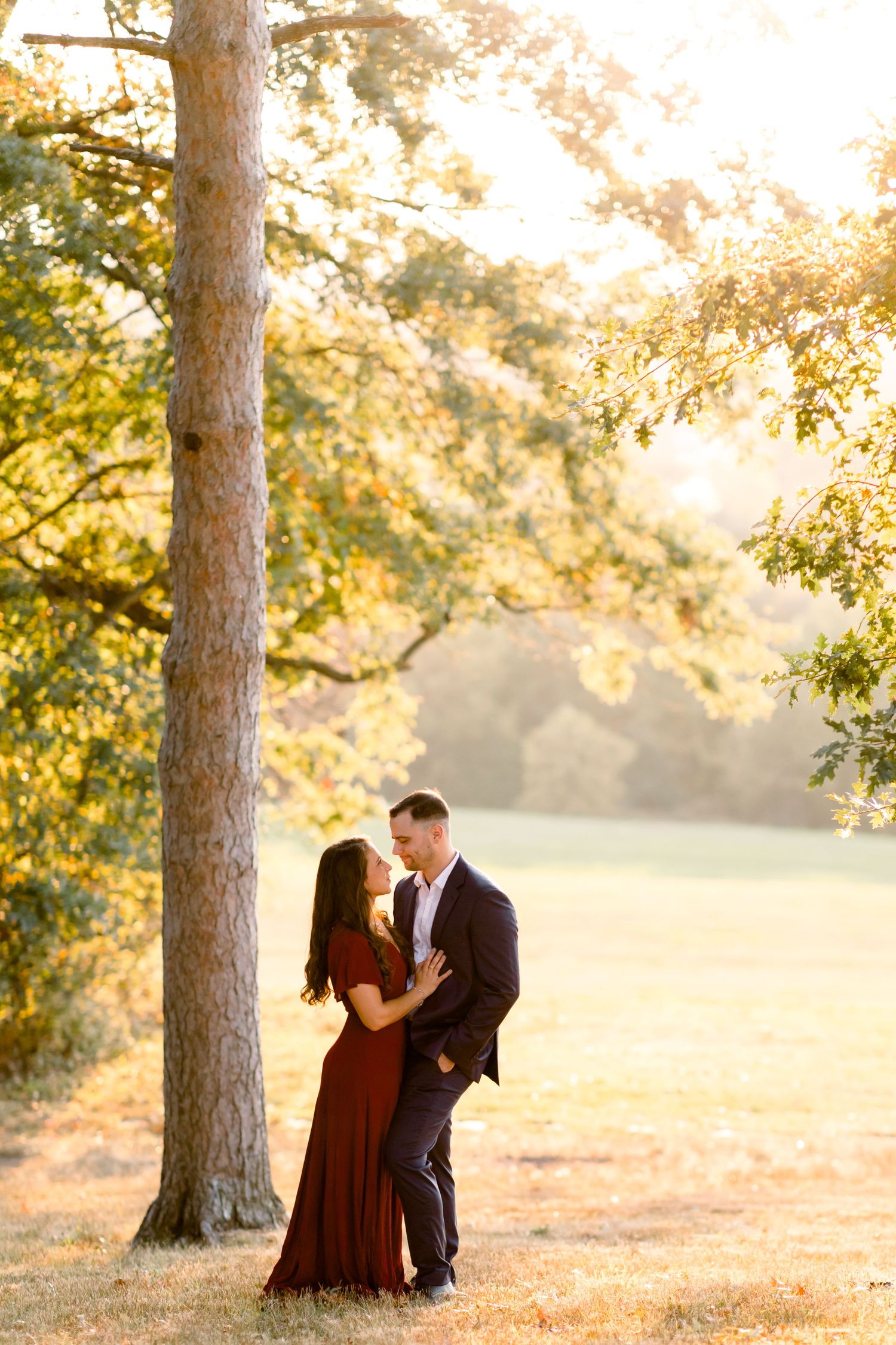 Romantic couple embraces under a golden sunlit tree in an autumn park setting.
