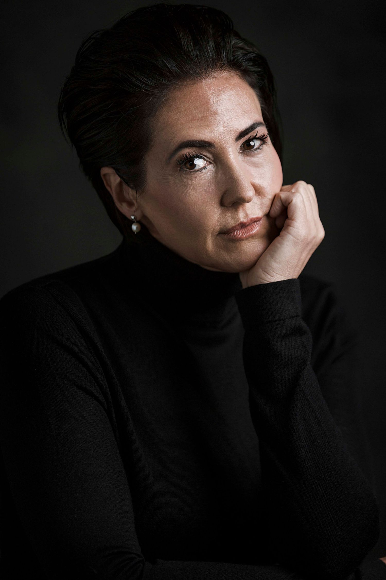 fine art photography, denmark, copenhagen, women, black turtleneck, theatrical, character, white woman, black hair, mima