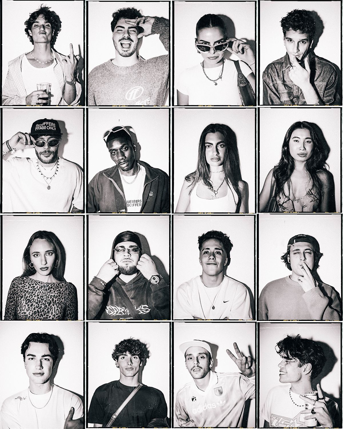 Black and white photo grid showing multiple portrait headshots in a collage style.