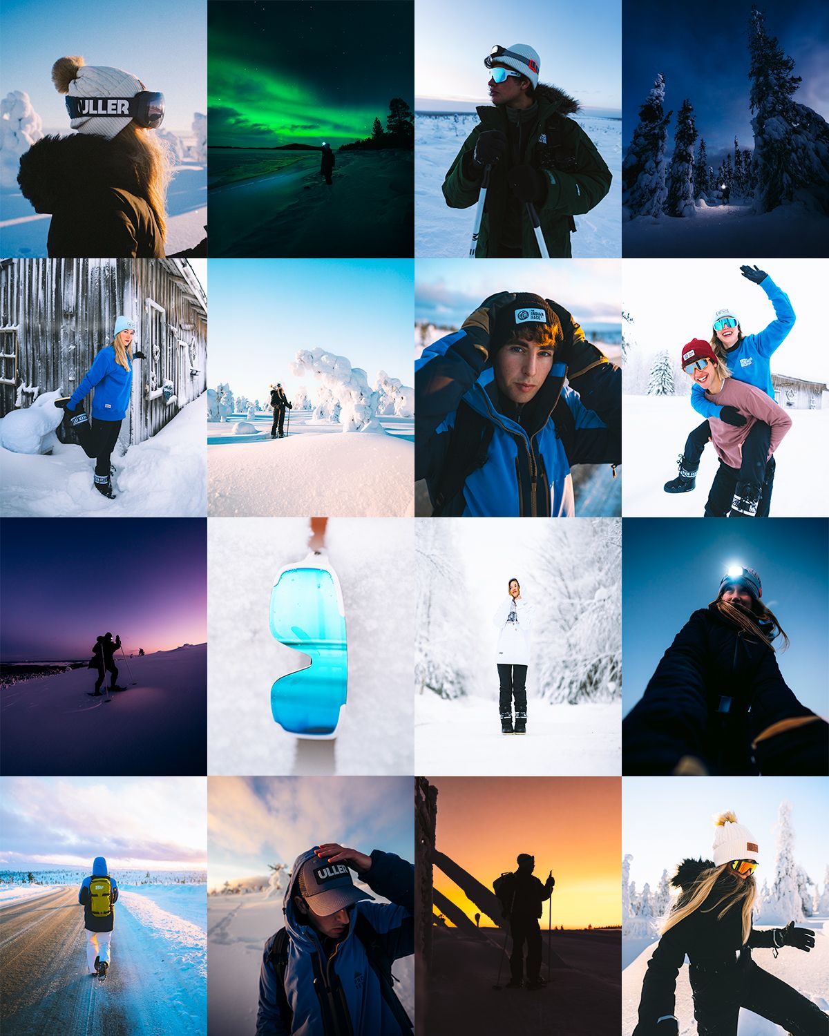 Winter sports photo collage showing skiing, snowboarding and mountain activities.