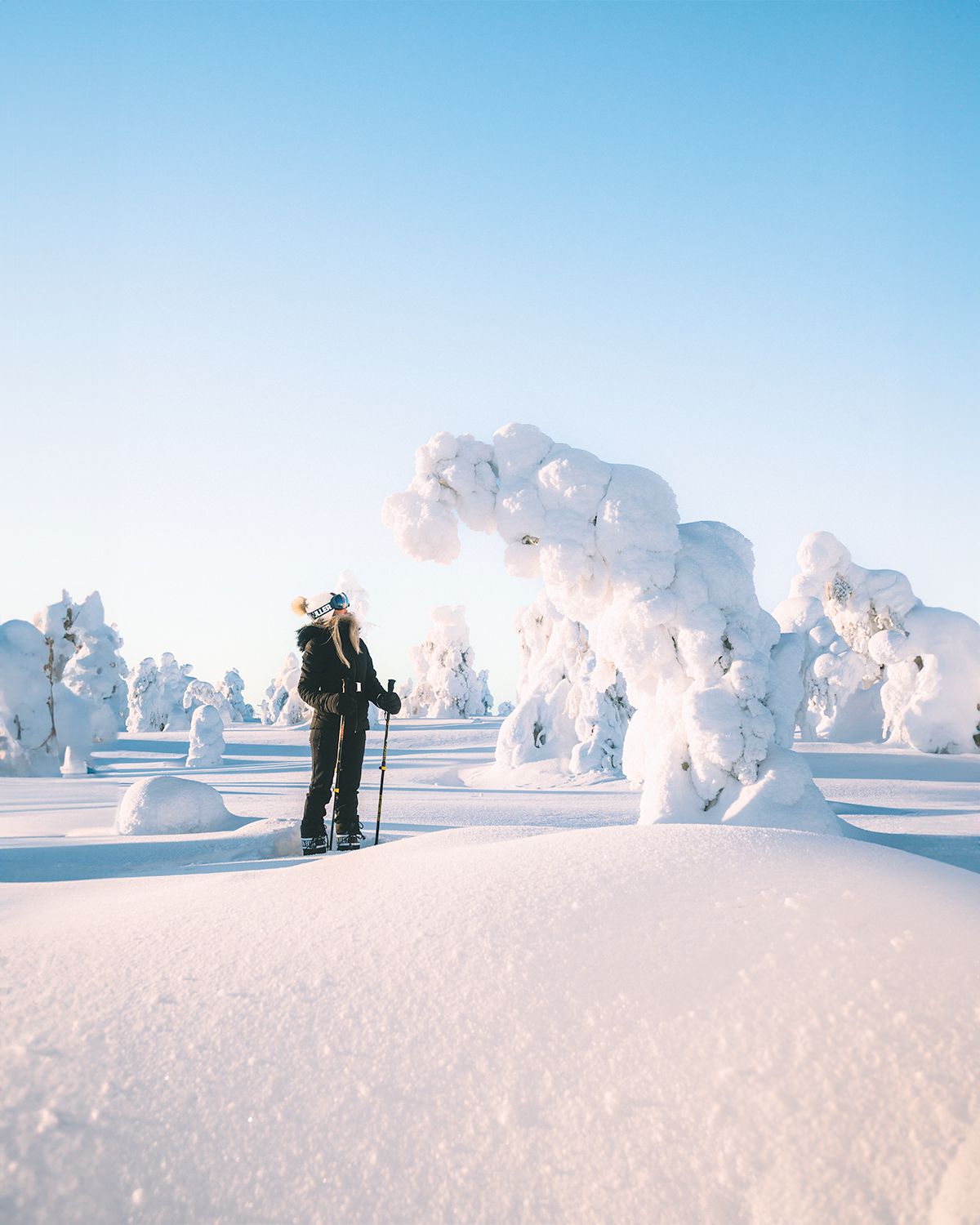 Snow-covered landscape with snow-laden trees and small figures in the distance.
