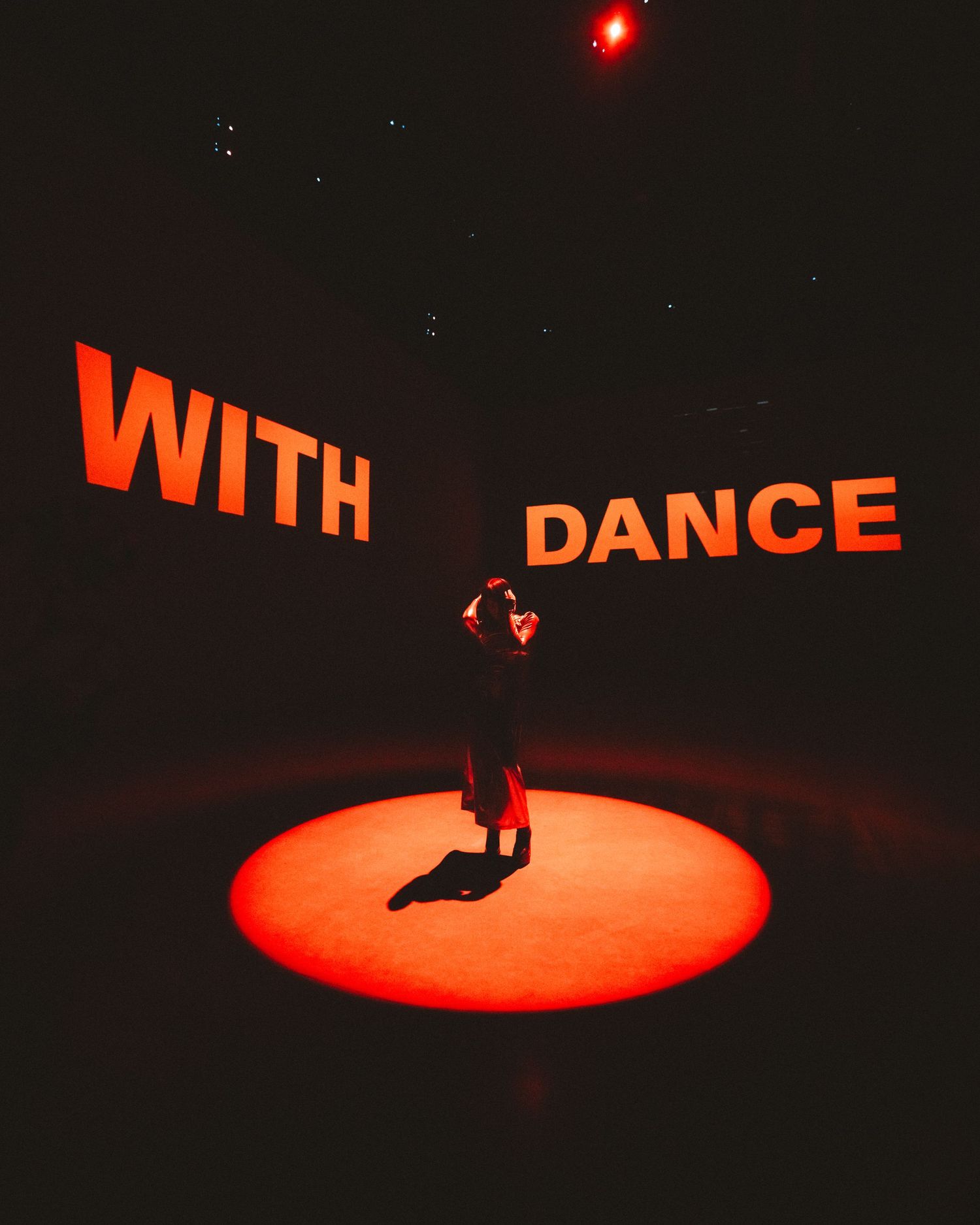 Dramatic dance performance on a red-lit stage showing silhouetted figures in motion.