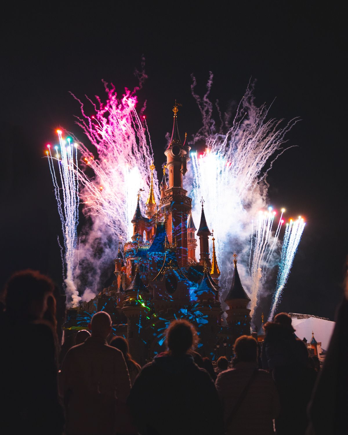 Colorful fireworks display illuminating Disneyland castle at night with crowd silhouettes.