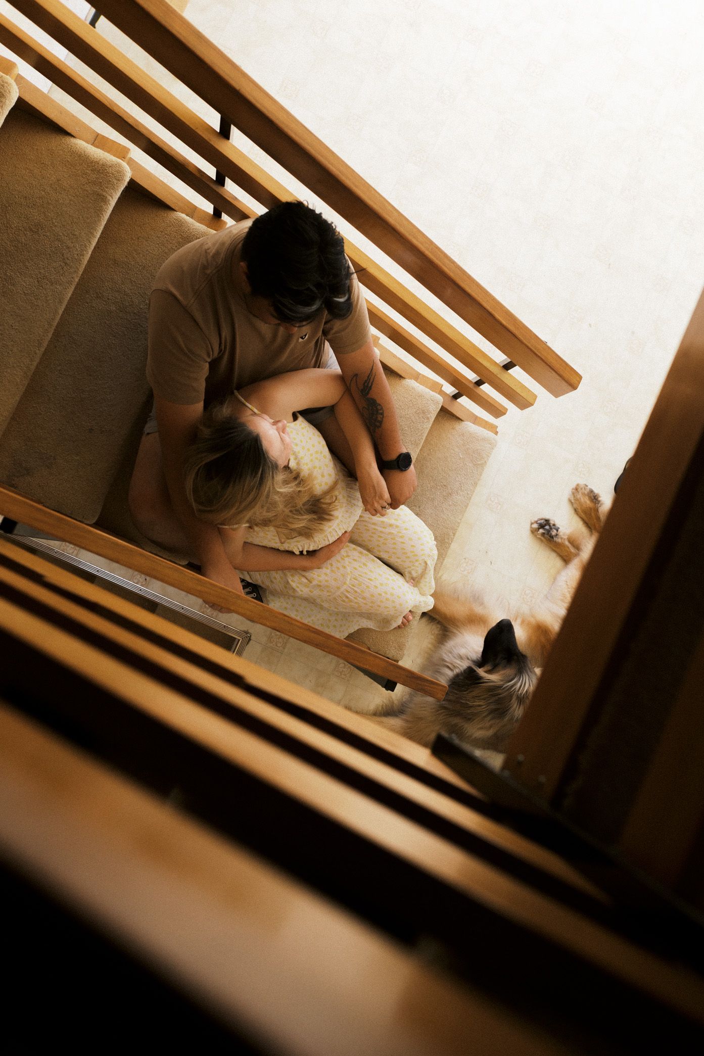 Sepia-tinted view through stair railings shows someone sitting on floor petting a white cat in the corner.