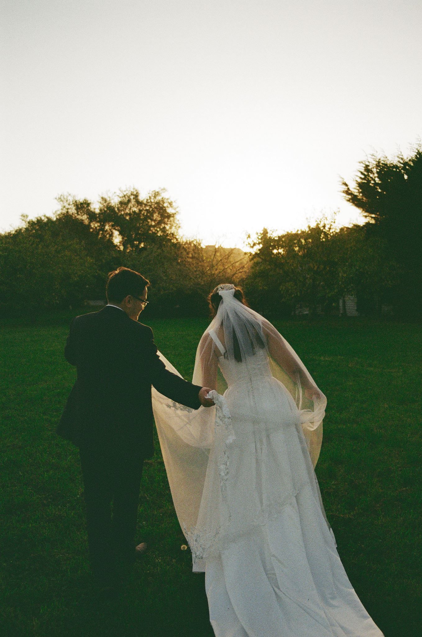 Bride and groom walking hand in hand through a lush green field at golden hour sunset.