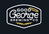Modern black and gold circular logo design for Good George Brewing Co featuring a curved banner and grain graphics.