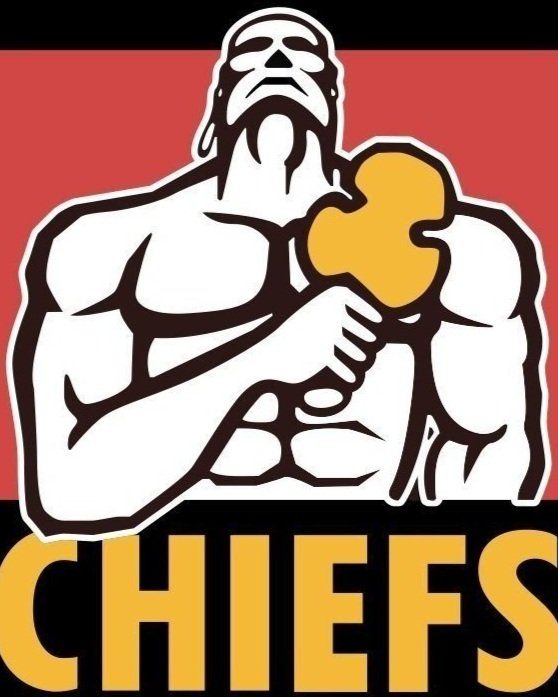 Logo for the Kansas City Chiefs featuring a muscular warrior figure holding a golden tomahawk against a red background.