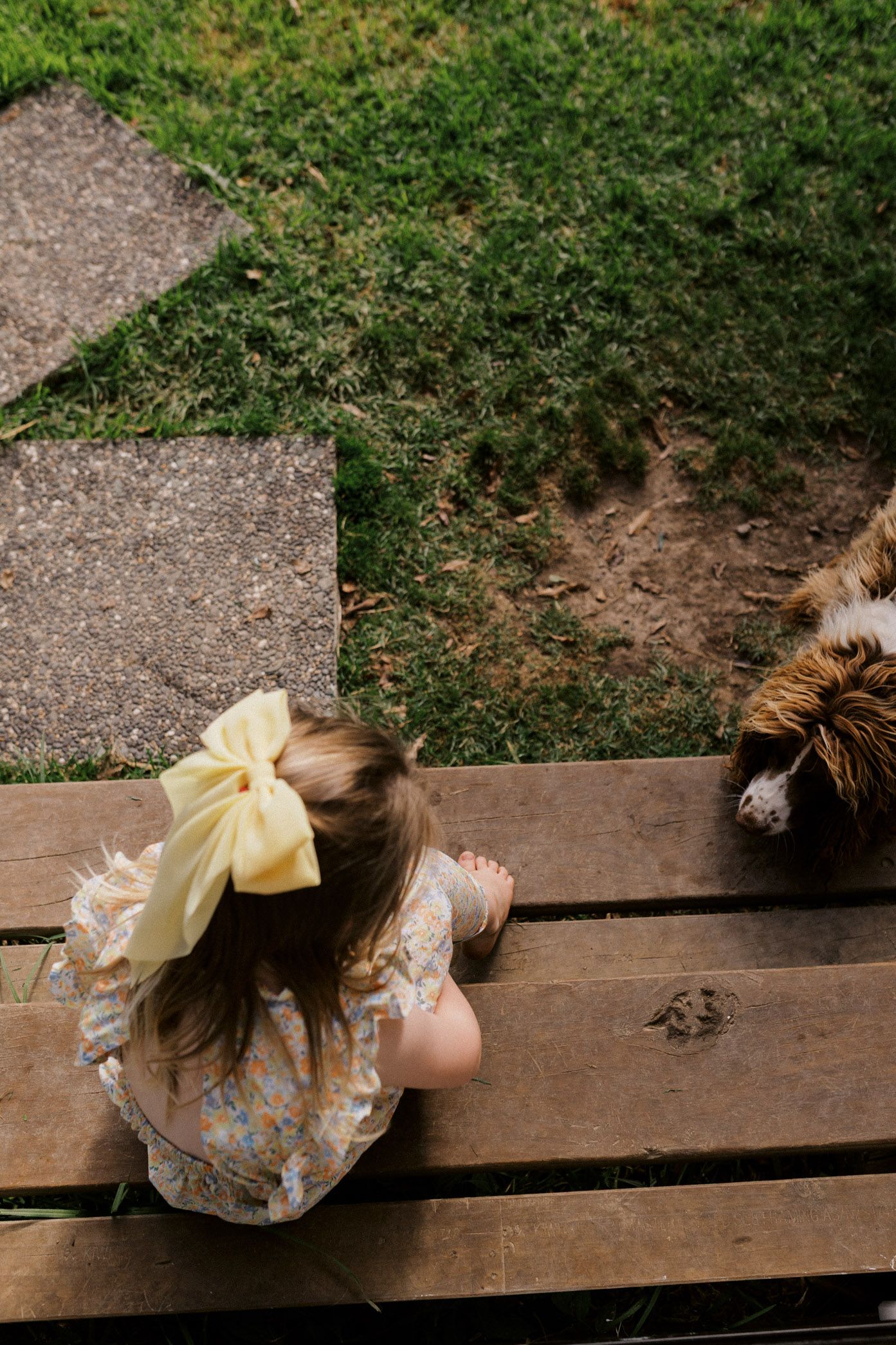 A figure wearing a floral dress and yellow bow sits on a wooden bench with a dog visible at the edge.