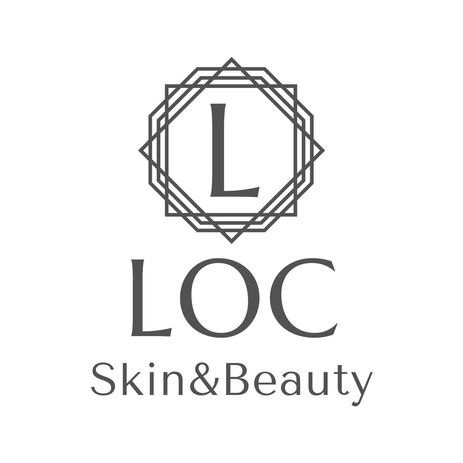 Minimalist geometric logo design for LOC Skin&Beauty featuring a capital L in a decorative octagonal frame.