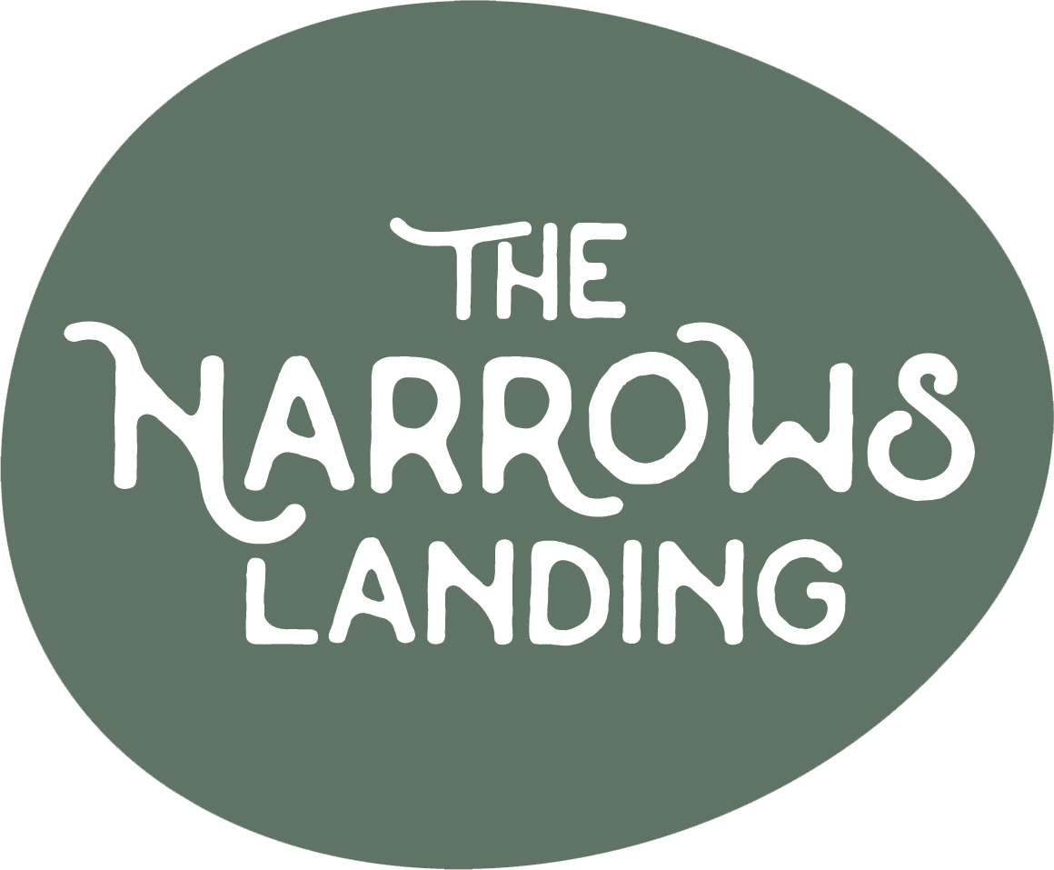 A green oval logo featuring hand-lettered text reading 'The Narrows Landing' in white vintage-style typography.