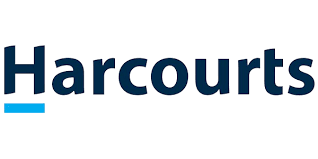 The Harcourts logo features a dark navy wordmark with a horizontal blue line accent underneath.
