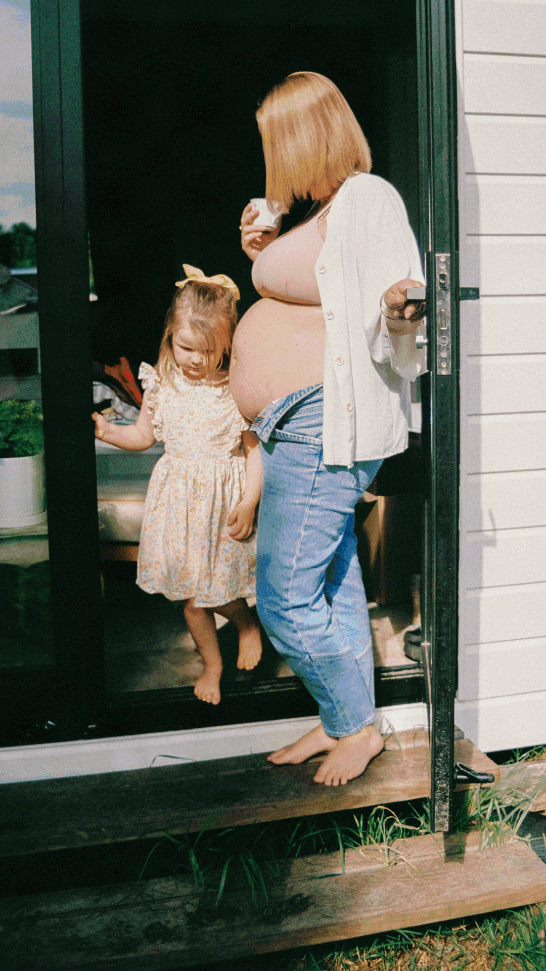 A sequence of photos showing a parent helping a small child in a dress step up onto a wooden porch deck.