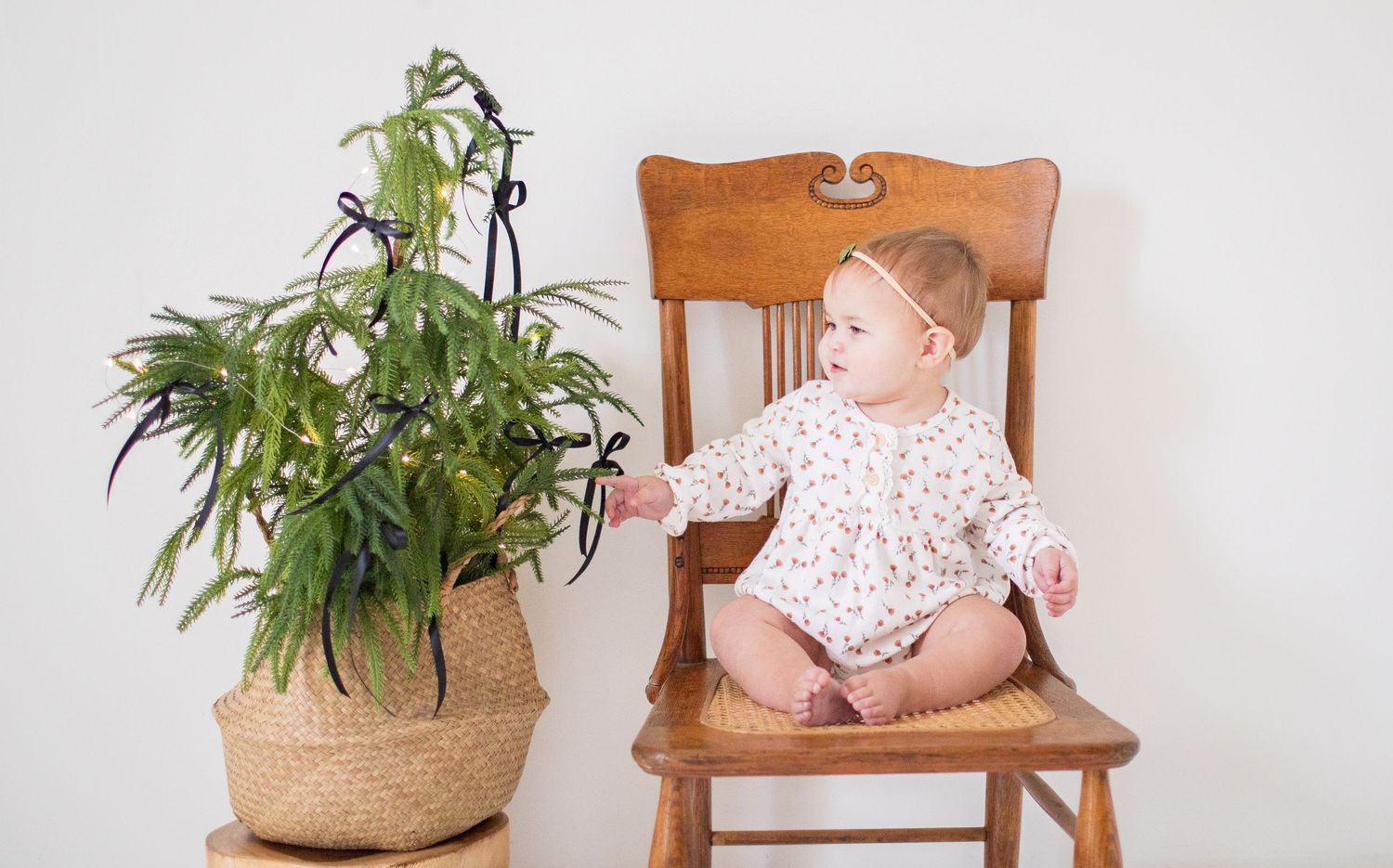 Curious baby in a floral outfit sitting on a wooden chair reaching toward a potted plant indoors.