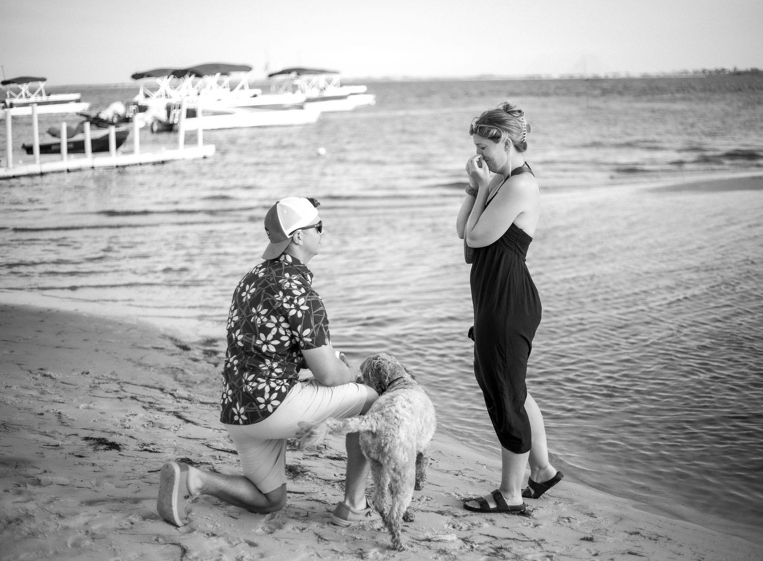 Black and white beach proposal photo with man kneeling beside a dog near the water.