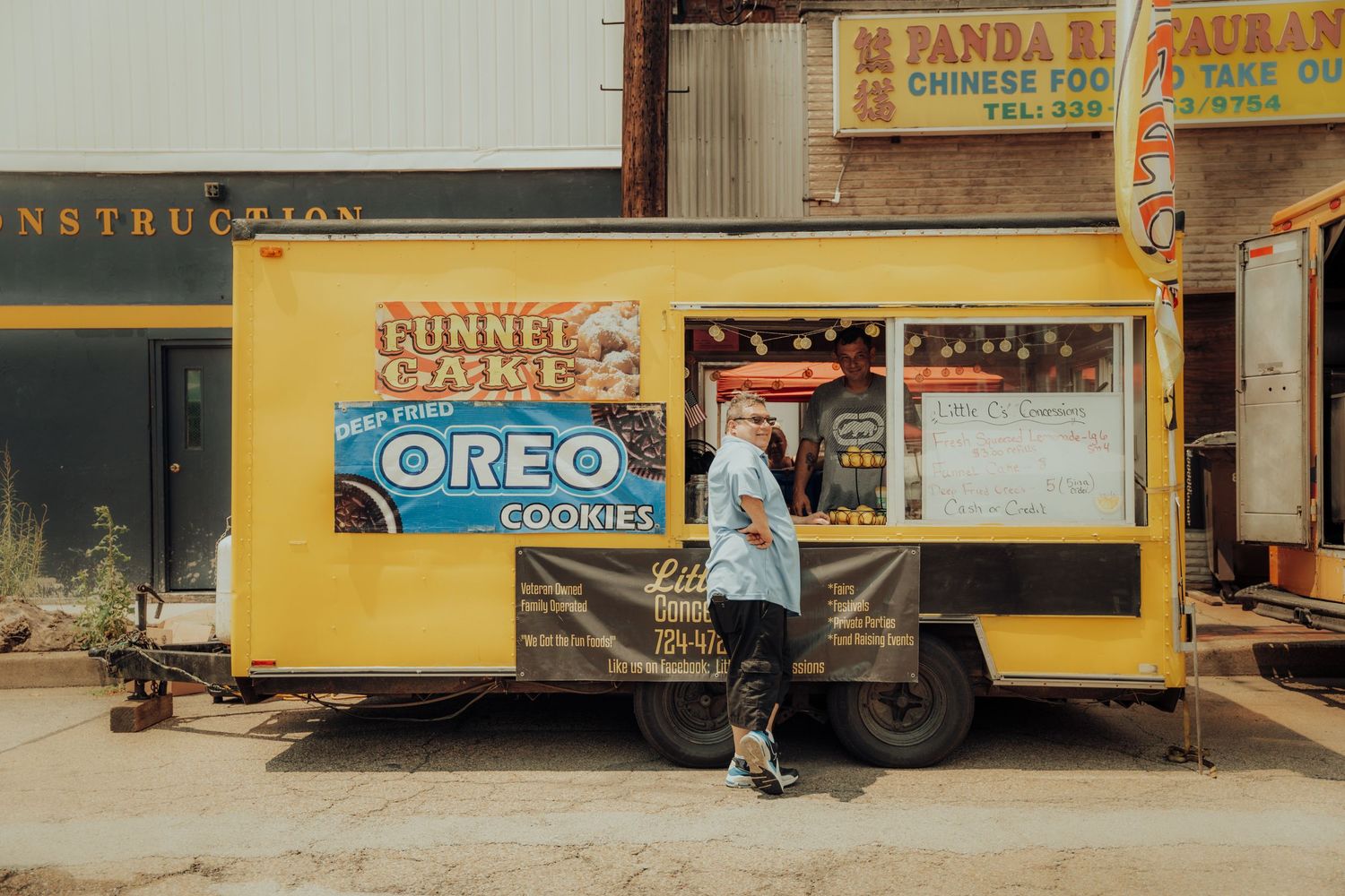 Three vintage storefronts featuring business signs for Panda Chinese food, Oreo cookies, and other retail establishments.