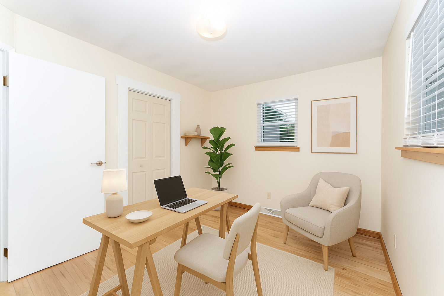 Modern minimalist home office space with light wood desk, cream chair, and potted plant against white walls.