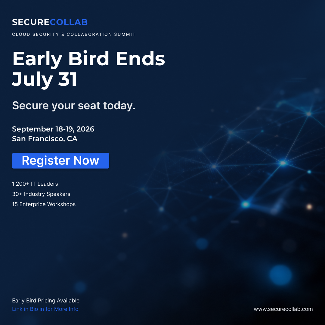 Dark blue promotional banner for SecureCollab security summit with early bird registration ending July 31 in San Francisco.