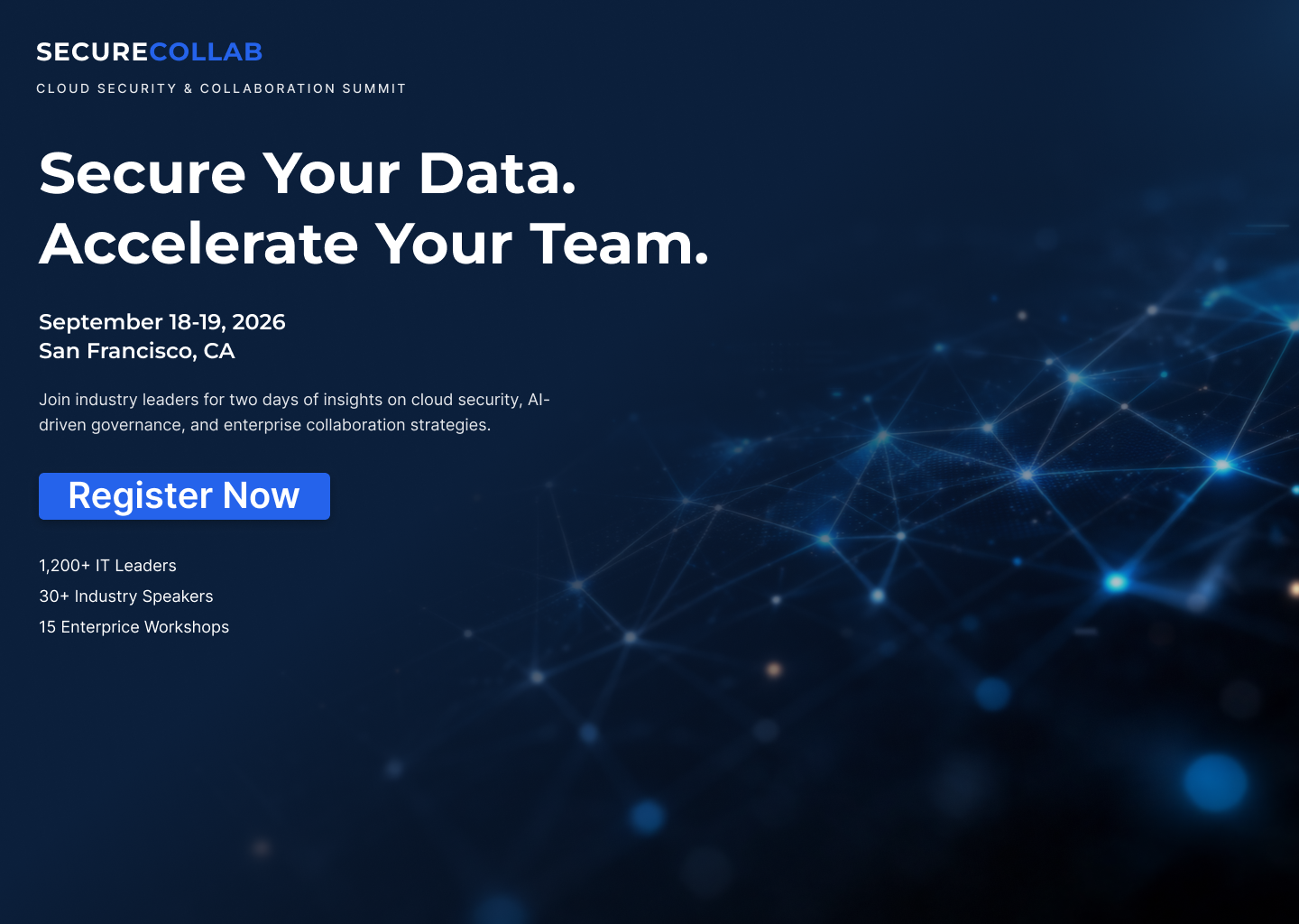 A dark blue tech conference banner with glowing dots showing text about securing data and accelerating teams.