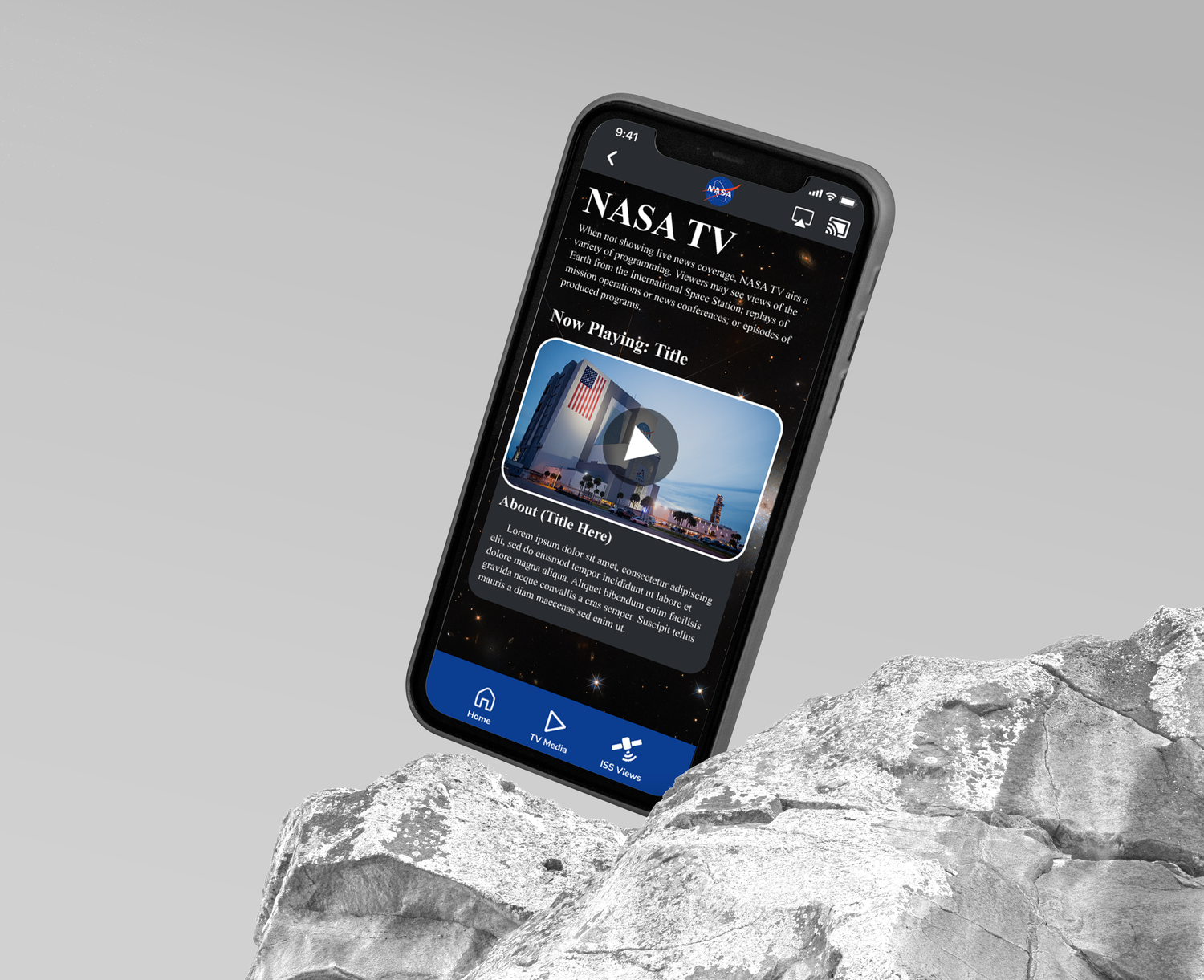 A smartphone displaying an app interface emerges from a snowy mountain landscape.