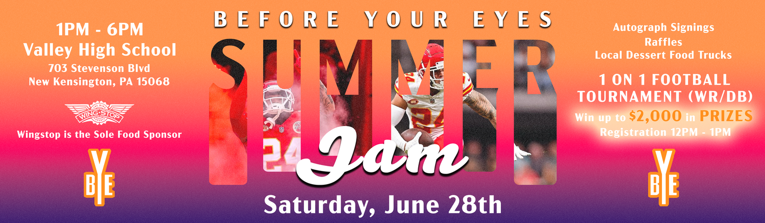 Colorful banner advertisement for summer events featuring vibrant pink and orange gradient design with text.