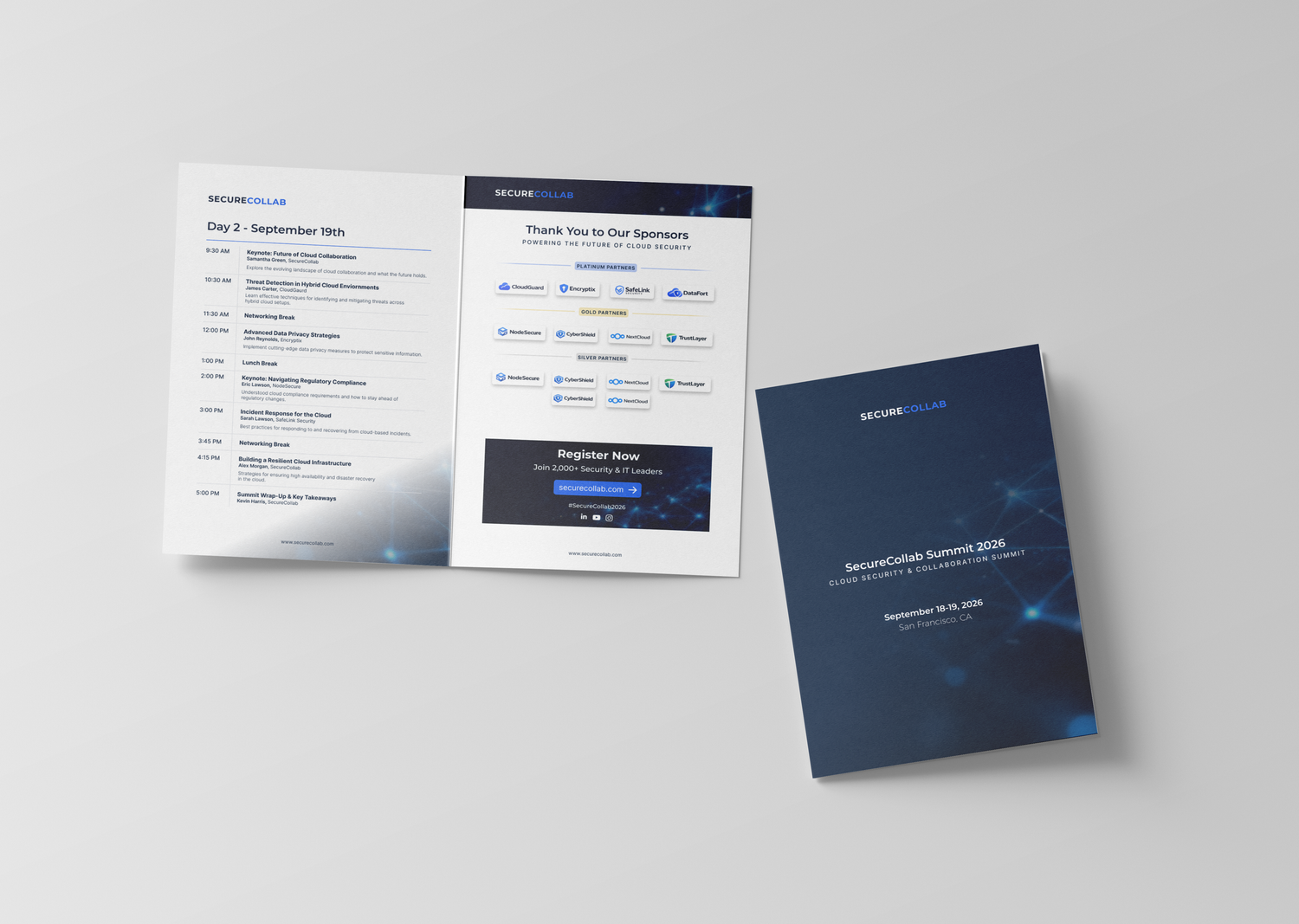 Professional branding materials showing dark blue folders and documents with business layouts spread on light surface.