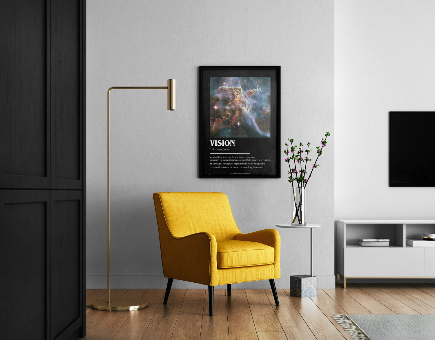 Modern interior design featuring a bright yellow accent chair against gray walls and wooden flooring.