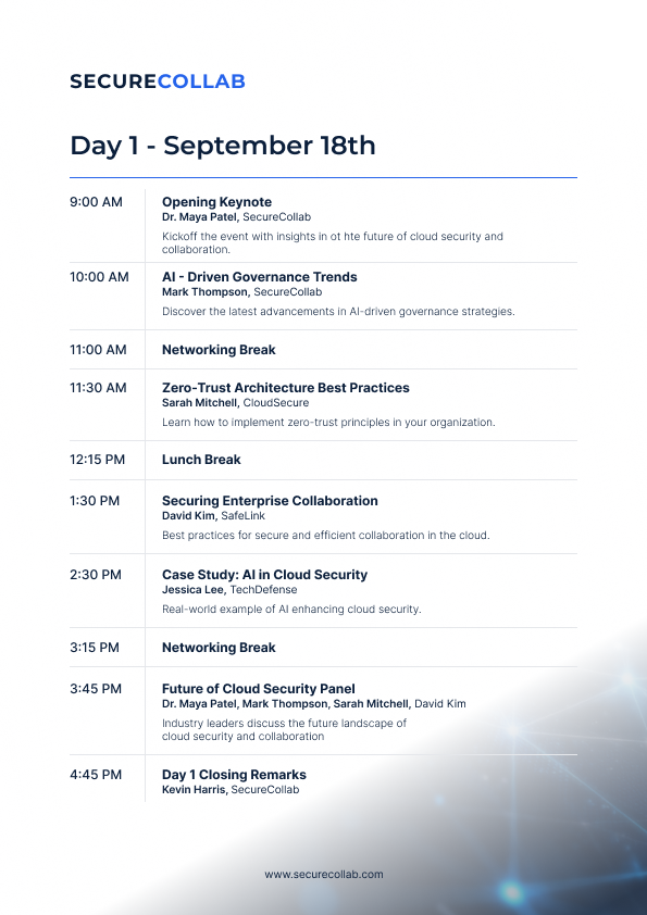 A conference agenda schedule for SecureCollab Day 1 showing cybersecurity sessions and networking breaks on September 18th.