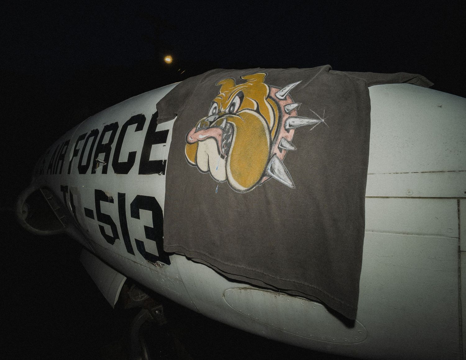 A vintage military aircraft nose featuring a painted cartoon bulldog mascot design.