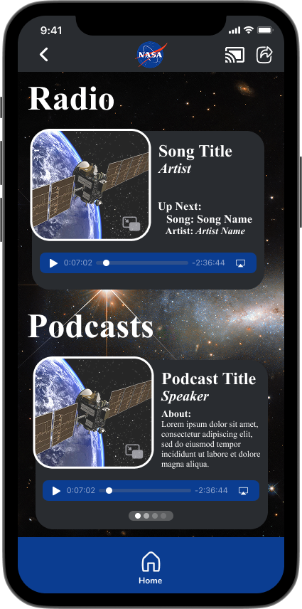 Dark mobile app interface mockup showing NASA radio and podcast player with space-themed background and blue accents.