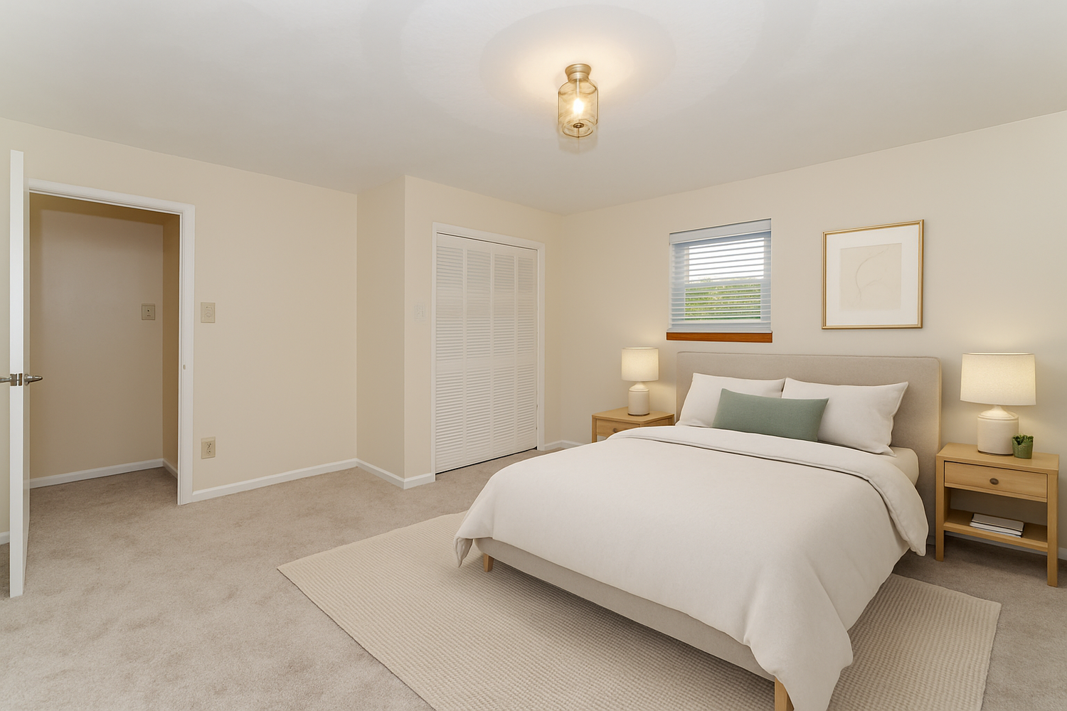 A bright, modern bedroom interior with white walls, hardwood floors, and natural light streaming through the windows.