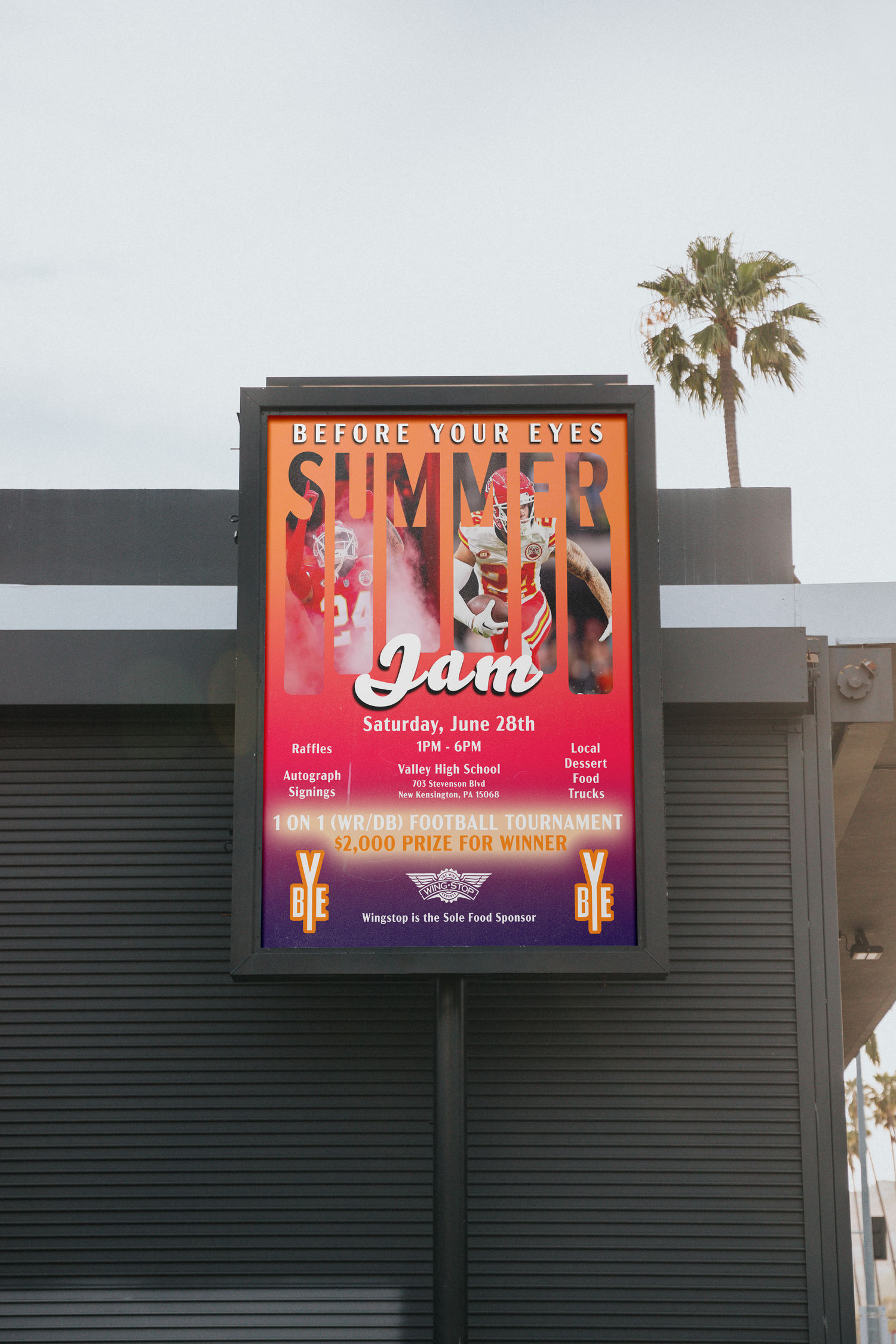 A promotional poster for a summer dance event displayed on a gray building exterior with a palm tree visible.