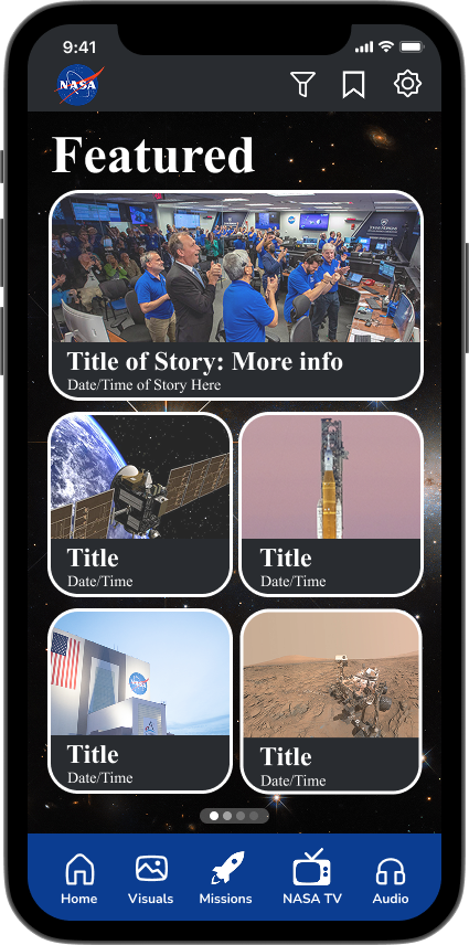 A series of mobile app interface mockups showing NASA content with navigation tabs and featured stories sections.